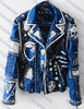 Suburban Venom Men’s Blue Punk Rock Jacket with Alice Cooper Patches, Pyramid Studs & Chain-Draped Sleeves